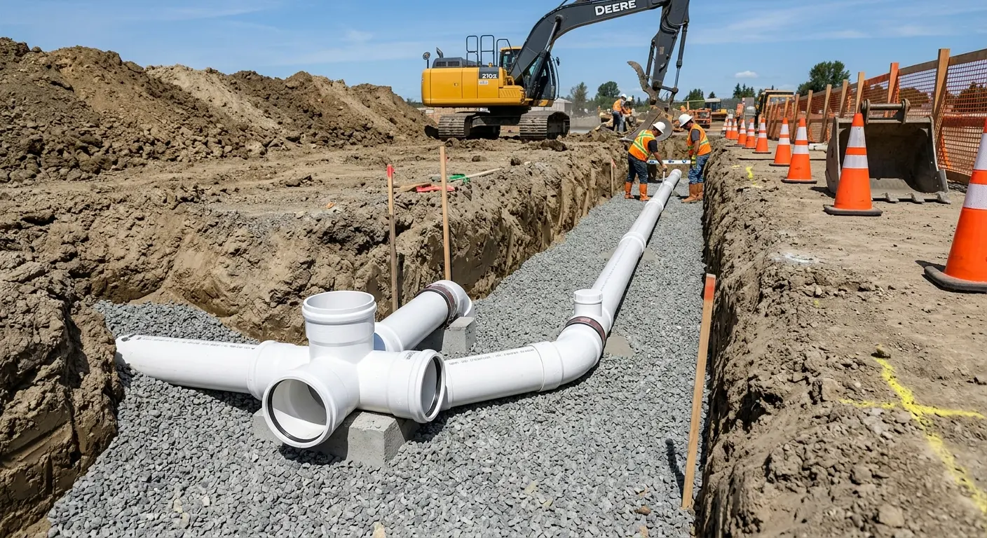 New PVC sewer pipe installation in open trench for Commercial Drain Cleaning in Portsmouth