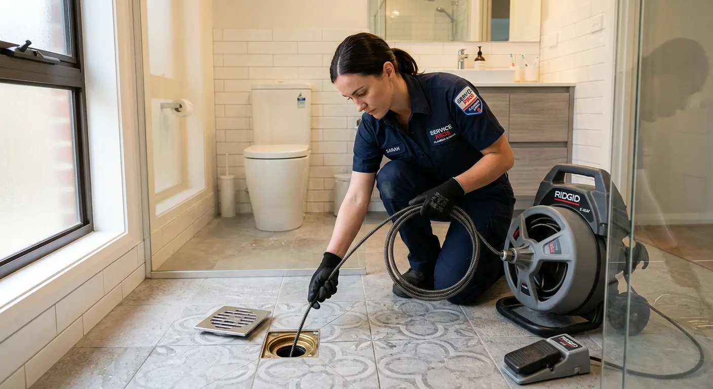 Technician clearing a bathroom floor drain for Drain Cleaning in Portsmouth